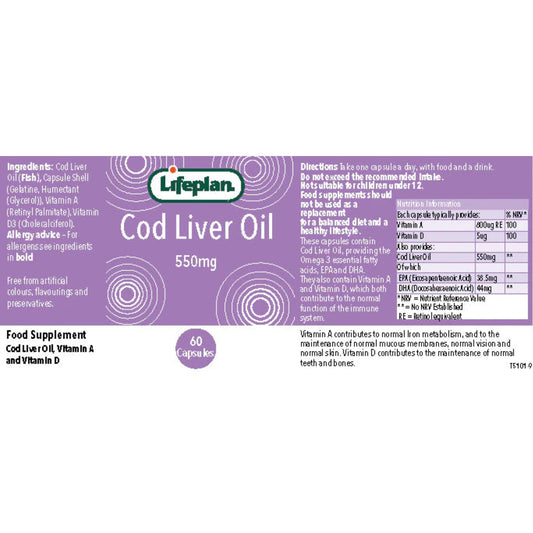 Lifeplan® Cod Liver Oil 550mg Label