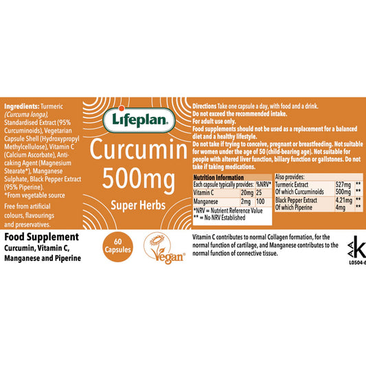 Lifeplan® Curcumin 500mg Label