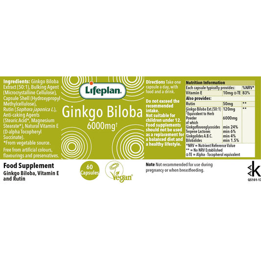 Lifeplan® Ginkgo Biloba 6000mg Label