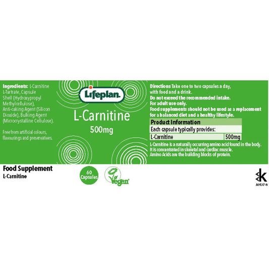 Lifeplan® L-Carnitine 500mg Label