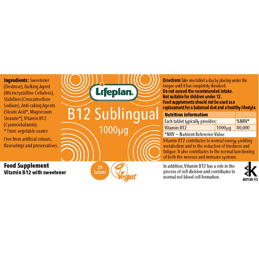 Lifeplan® Vitamin B12 1000ug (Sublingual) Label