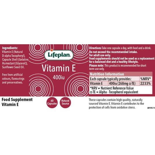 Lifeplan® Vitamin E 400iu Label
