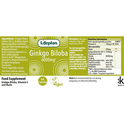 Lifeplan® Ginkgo Biloba 6000mg Label