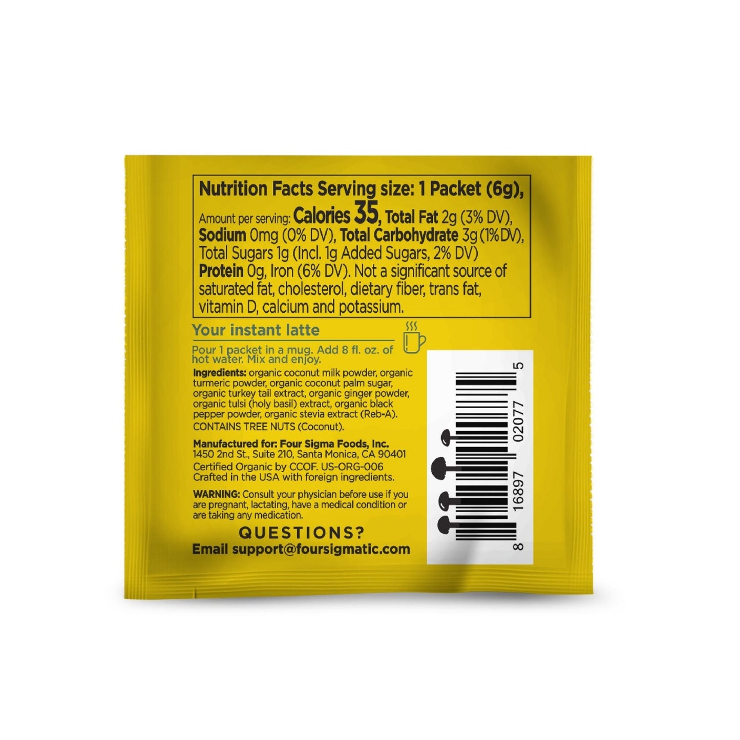 Four Sigmatic Happy Gut Organic Golden Latte Mix Packet Back
